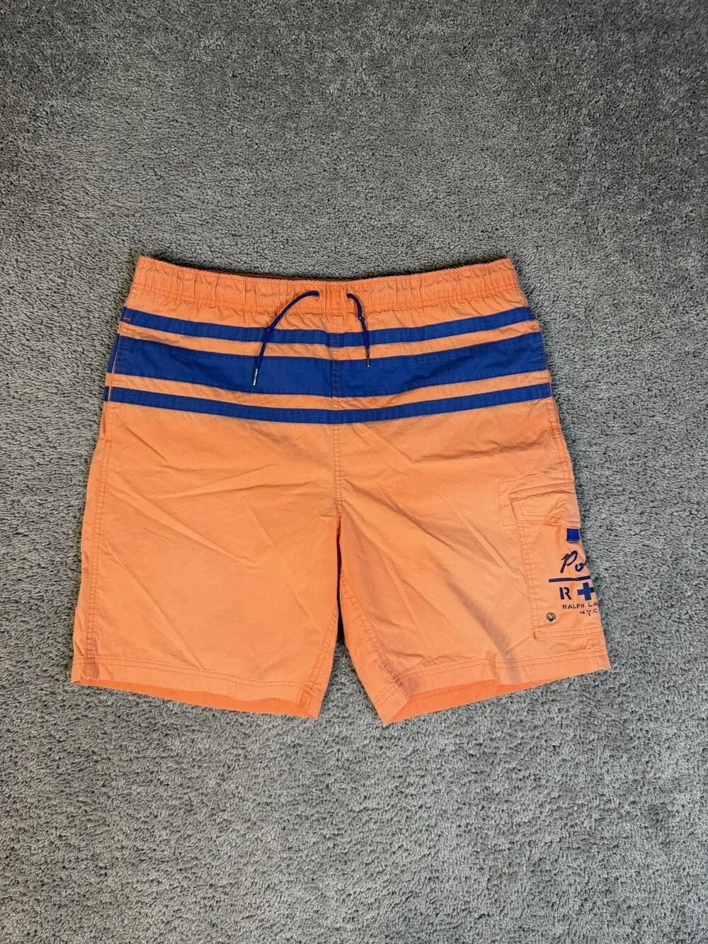 Vintage 90s Polo Ralph Lauren Swim Trunks Mens L Orange Striped Lined Pockets